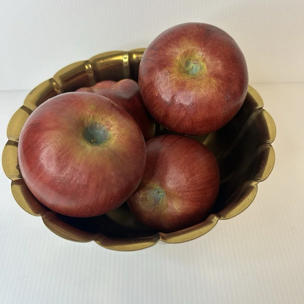 4 Wooden Red Apples In Copper‎ Craft Solid Brass Decorative Bowl